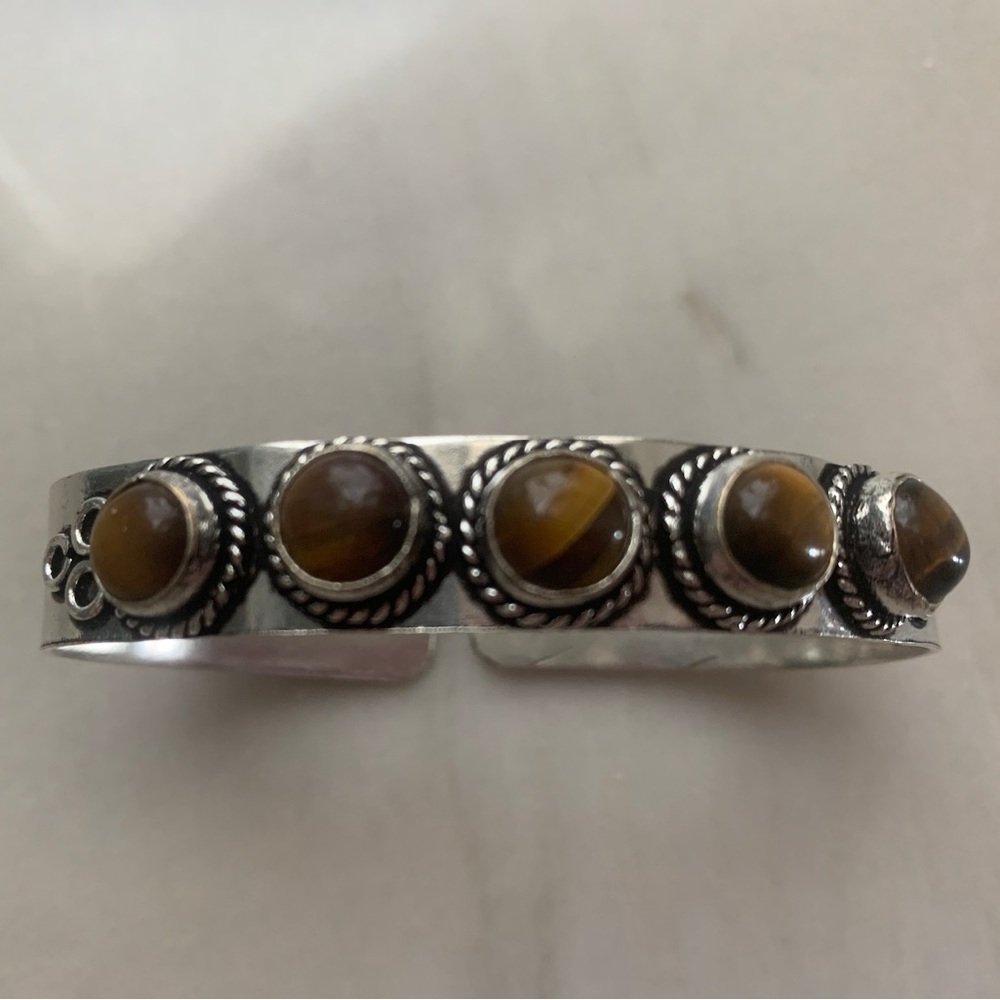 1946 Silver Cuff Bracelet with Tiger Eye Stone Accents